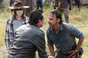 Andrew Lincoln as Rick Grimes, Chandler Riggs as Carl Grimes, Jeffrey Dean Morgan as Negan - The Walking Dead _ Season 7, Episode 16 - Photo Credit: Gene Page/AMC